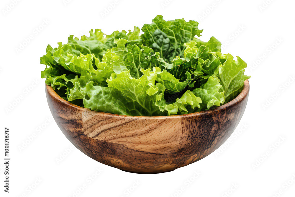 Lettuce Leaves in Wooden Bowl Isolated on Transparent Background Lettuce Leaves in Wooden Bowl Isolated on Transparent Background