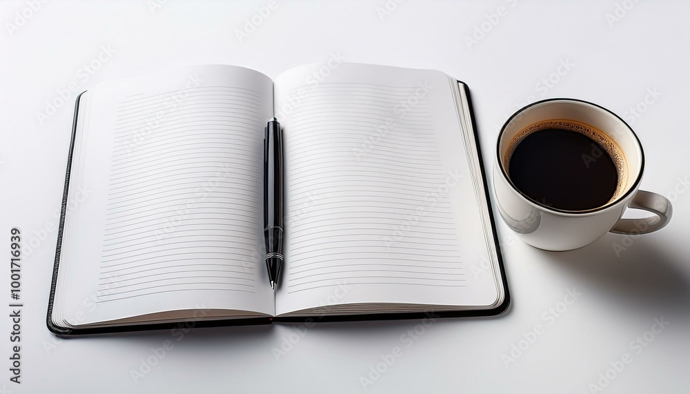 Open notebook and pen with a cup of coffee, representing creative brainstorming, isolated on white background Open notebook and pen with a cup of coffee, representing creative brainstorming, isolated on white background