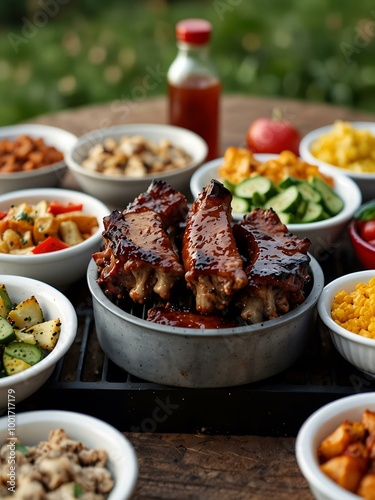 Outdoor barbecue with juicy pork ribs and various side dishes.