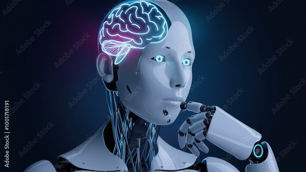 A photo of an artificial intelligence with a humanoid head. The head has a digital brain with glowing neon lines. A photo of an artificial intelligence with a humanoid head. The head has a digital brain with glowing neon lines.