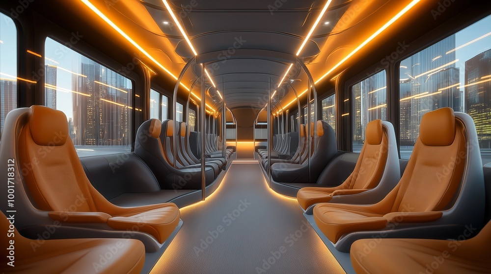 Obraz premium Empty, modern bus with sleek orange and grey seats.