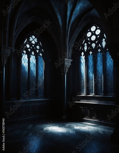 Gothic cathedral mural Dark gothic mural church with intricate stained glass windows and detailed stone carvings