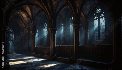 medieval cathedral mural Dark gothic mural church with intricate stained glass windows and detailed stone carvings
