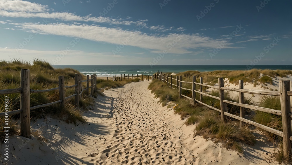 Path to the beach with wooden fences and sand dunes. Path to the beach with wooden fences and sand dunes.