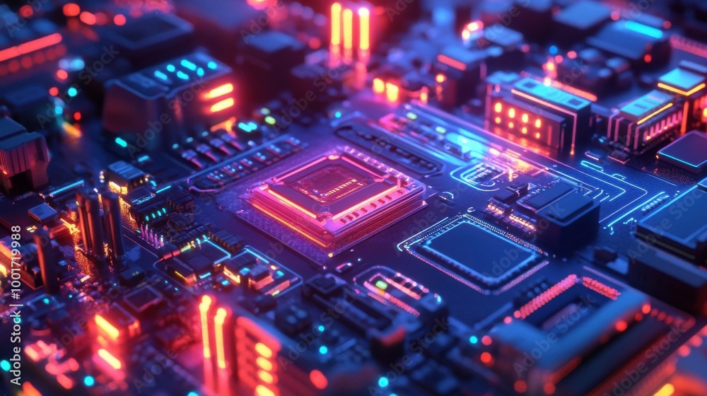 Obraz premium Futuristic Circuit Board with Vibrant Neon Lights in a High-Tech Digital Landscape