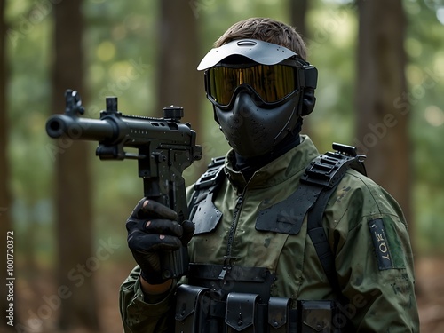 Person in uniform with a paintball gun.