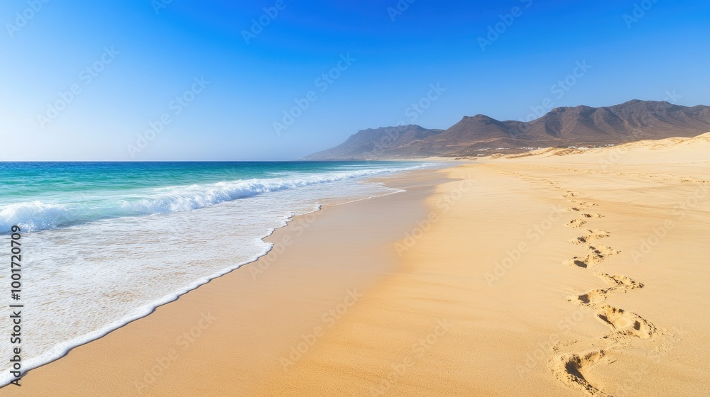 A pristine beach with white sand, turquoise water, and a mountain range in the background. Footsteps are visible in the sand. A pristine beach with white sand, turquoise water, and a mountain range in the background. Footsteps are visible in the sand.
