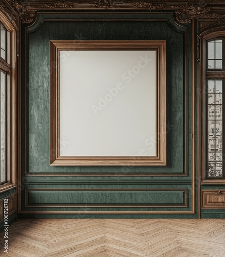 CG mockup of a green-colored poster frame on a wall