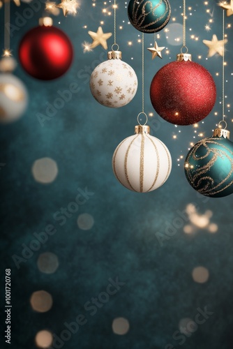 Beautifully decorated Christmas ornaments with glittering stars and festive bokeh background