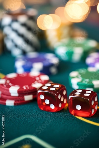 Colorful casino chips and dice on a gaming table during a lively gambling night