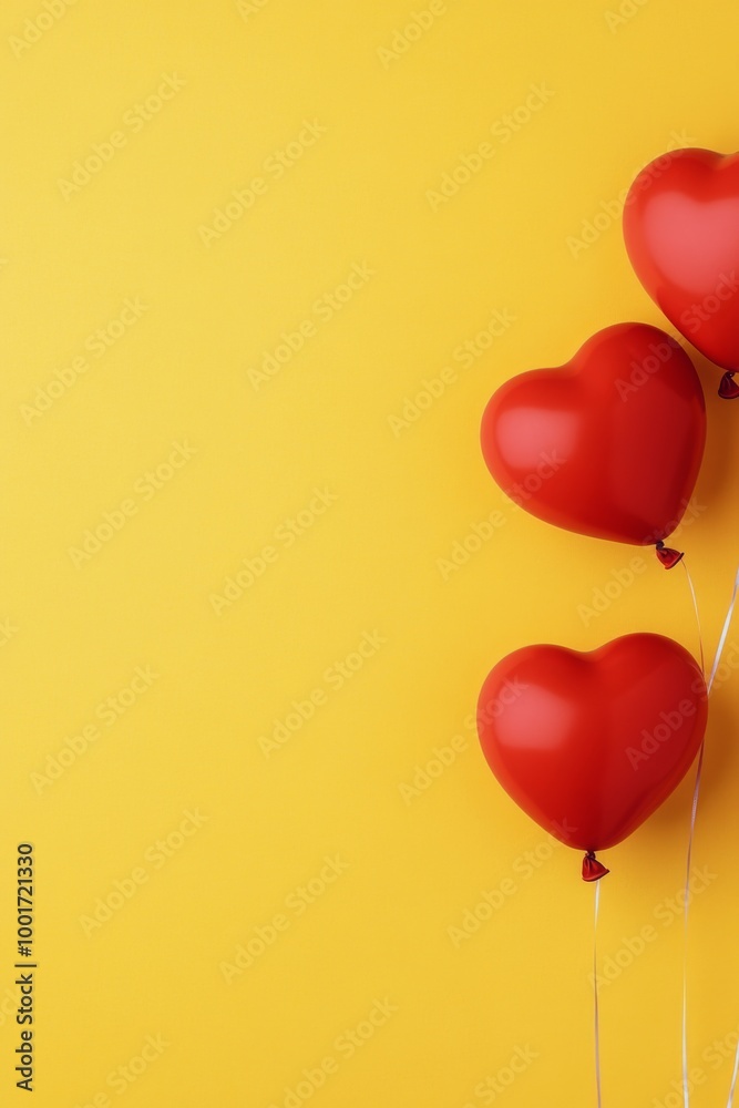 Heart-shaped balloons in red and white against a bright yellow background for celebrations Heart-shaped balloons in red and white against a bright yellow background for celebrations