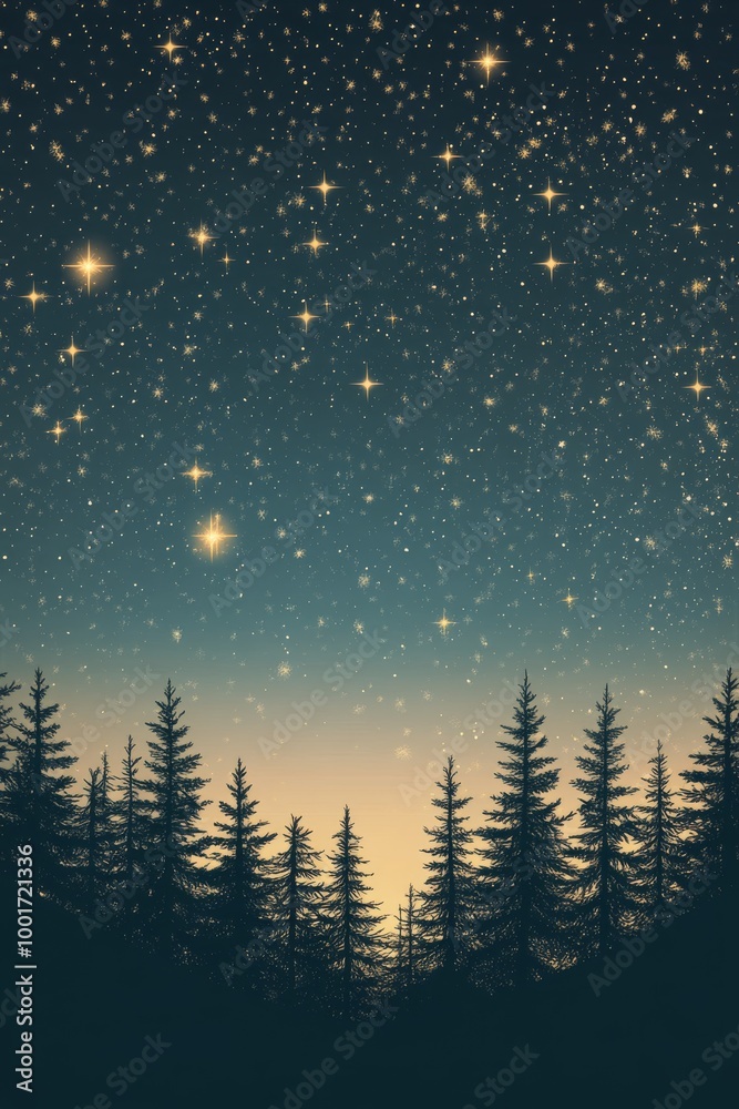 Starry night sky over a tranquil forest at dusk with twinkling stars shining brightly Starry night sky over a tranquil forest at dusk with twinkling stars shining brightly