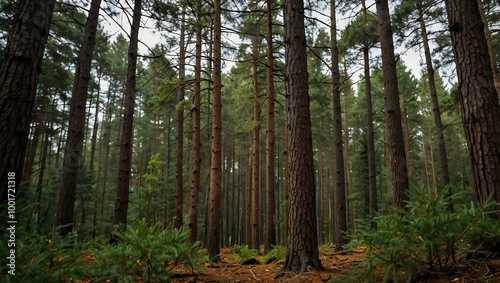 Pine trees viewed from the forest floor.