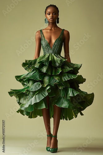 A model in a minimalist dress made of philadendron giant leaves, whole figure photo