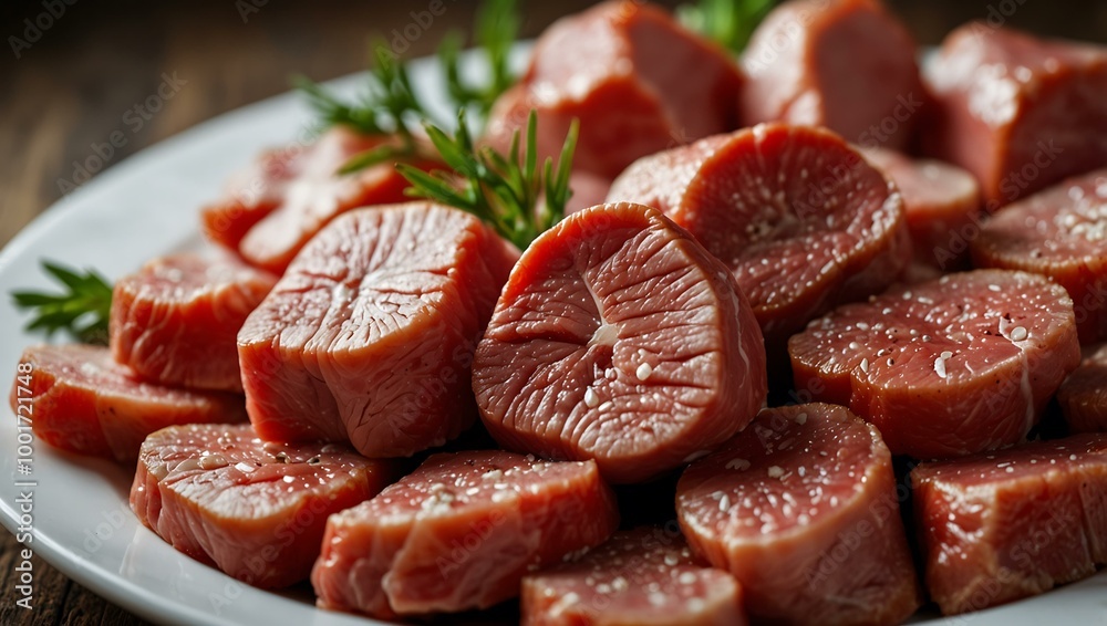 Plate of raw meat pieces, selective focus. Plate of raw meat pieces, selective focus.