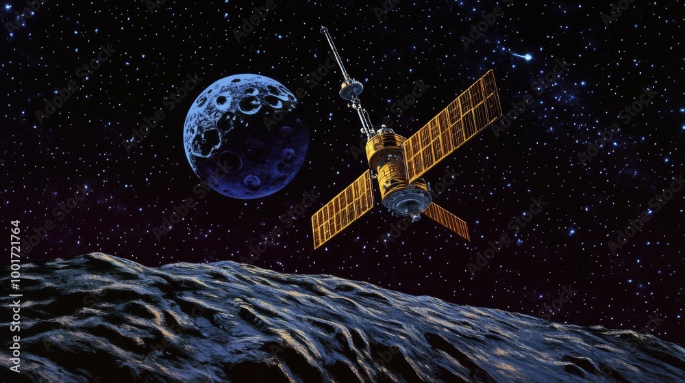 A satellite orbits a blue planet and a moon, with a dark starry sky in the background.
