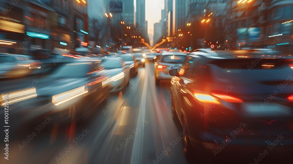 Car driving fast in busy traffic alongside other vehicle Car driving fast in busy traffic alongside other vehicle