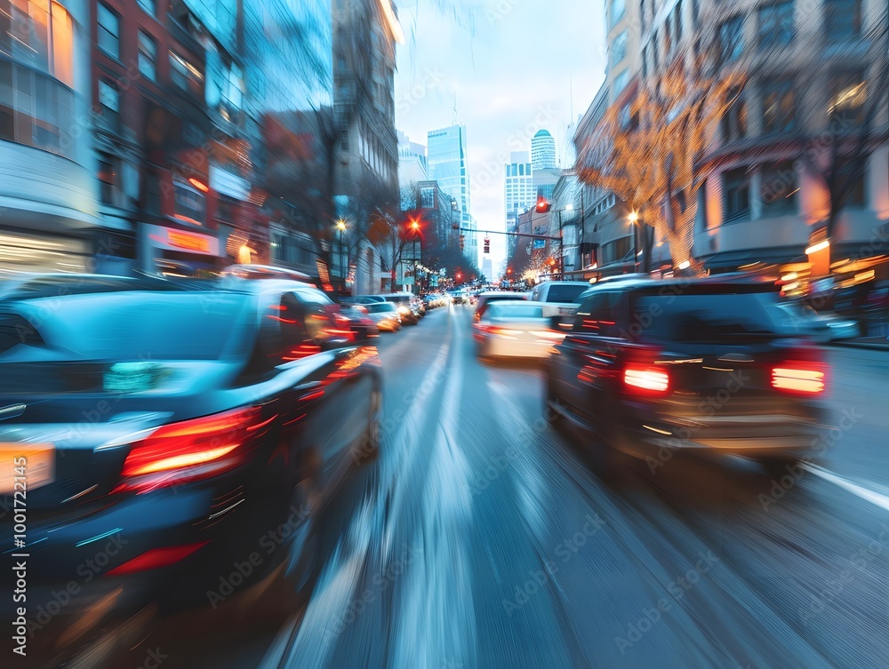 Car driving fast in busy traffic alongside other vehicle Car driving fast in busy traffic alongside other vehicle