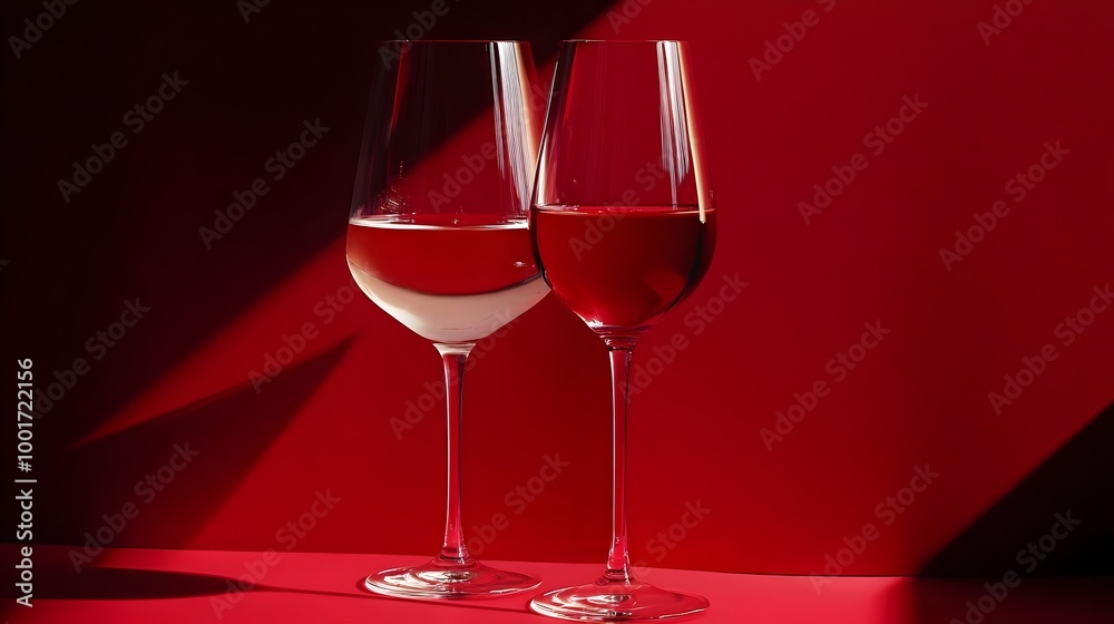 a glass of wine. red,rose,white wine is  into a glass on a red background. Wine bar, winery, wine degustation concept. 