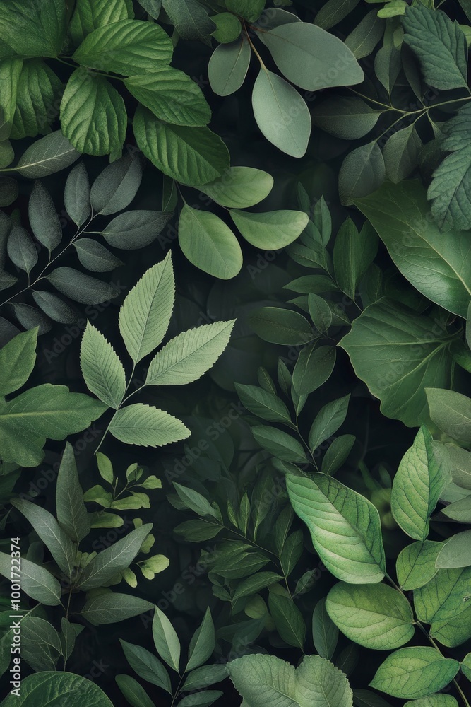 Lush green leaves overlapping in a dense arrangement, showcasing various textures and shapes Lush green leaves overlapping in a dense arrangement, showcasing various textures and shapes