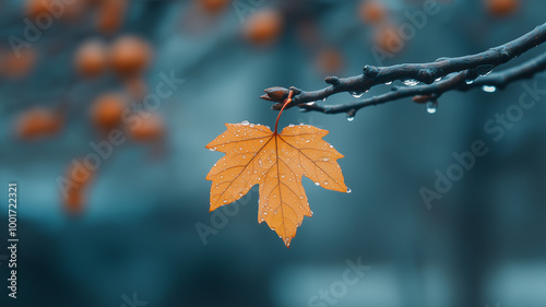 Autumn orange maple leaf with water drops hanging on the branch of a hawthorn tree on a rainy autumn day, with a blurred photo