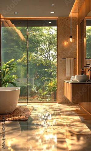 Modern bathroom with natural light and greenery.