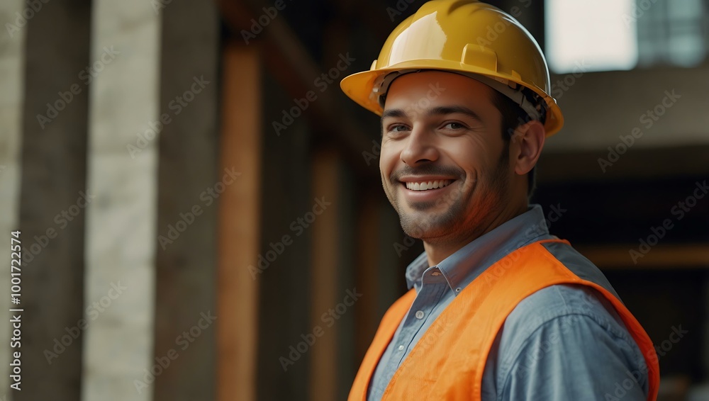 Portrait of a smiling construction worker in a hard hat and safety vest. Portrait of a smiling construction worker in a hard hat and safety vest.