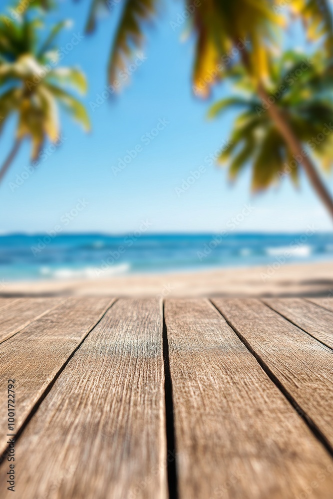 Fototapeta premium Tranquil beach view with wooden deck, palm trees, and serene ocean under clear blue sky