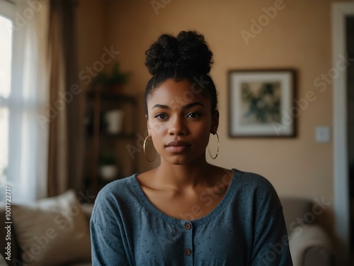 Portrait of a young Black woman at home.