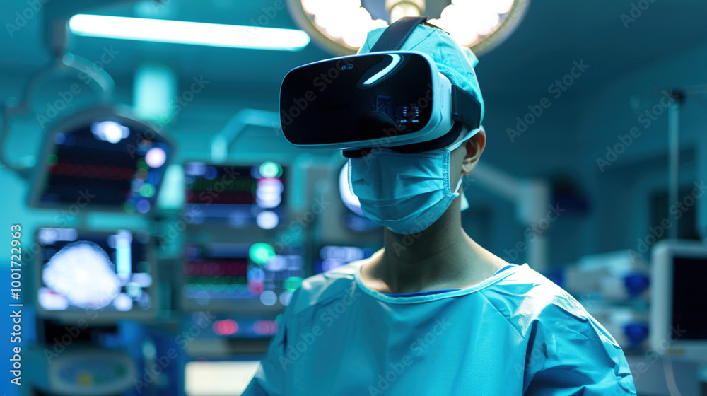 Young female nurse doctor in face mask using VR headset in operating room Virtual reality, augmented reality concept. Futuristic technology and future medicine. Young female nurse doctor in face mask using VR headset in operating room Virtual reality, augmented reality concept. Futuristic technology and future medicine.