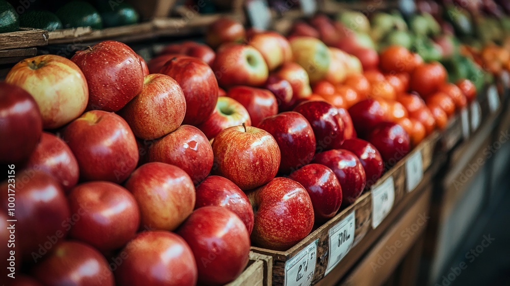 Fresh red apples neatly displayed in a wooden crate at a market Fresh red apples neatly displayed in a wooden crate at a market