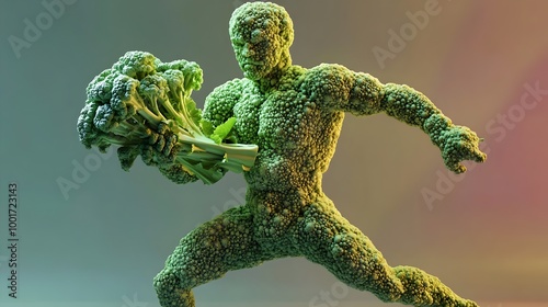 3D rendering of a man made up of broccoli. the broccoli man in a dynamic fighting stance. Consider the themes of health, creativity, and nature photo