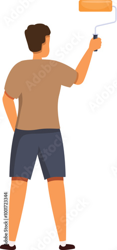 Painter man holding paint roller rear view painting walls and home renovation concept illustration