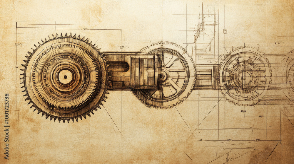 Illustrate a technical drawing or blueprint of a gear system, complete with measurements, annotations, and design specifications. Illustrate a technical drawing or blueprint of a gear system, complete with measurements, annotations, and design specifications.