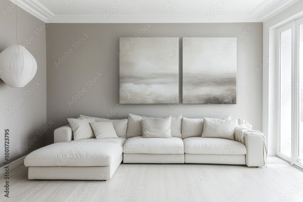Fototapeta premium Minimalist Living Room Design with Beige Wall Gallery Display