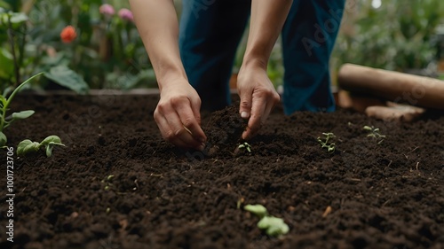  hand putting seeds in the ground, in an eco-garden with plants in the background