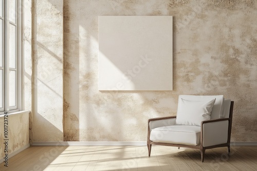 Minimalistic Living Room Interior with Beige Canvas and Single Armchair