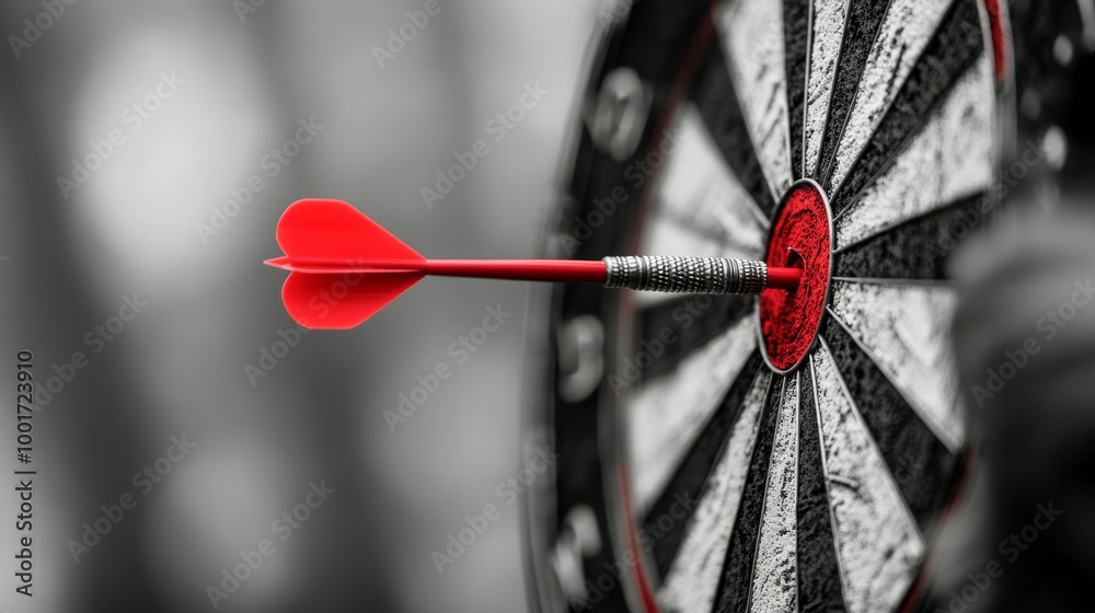 Red dart strikes the bullseye on a dartboard in a game played indoors during an evening gathering Red dart strikes the bullseye on a dartboard in a game played indoors during an evening gathering