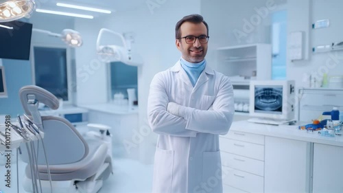 Dentist standing confidently in a modern dental clinic