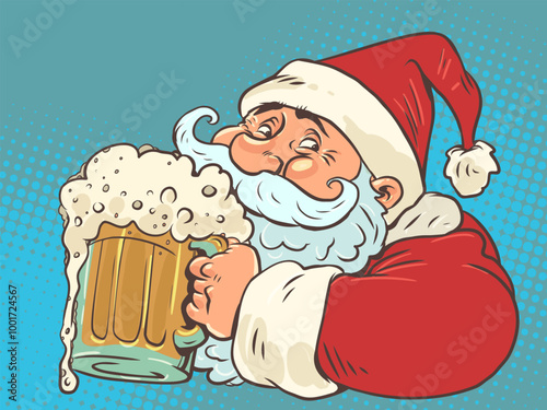 Santa Claus holding a glass of foamy ale. Coming New Year in bars and restaurants. Delivery of delicious for Christmas and holidays.