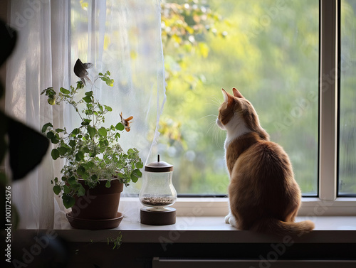 Aesthetic photo a dog sitting on a windowsill, watching birds outside, with a bird feeder visible through the window and soft morning light filtering in.