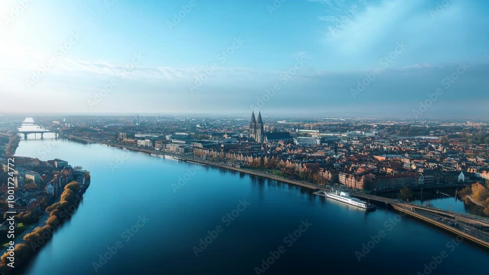 Aerial view of a city and river on a bright sunny day