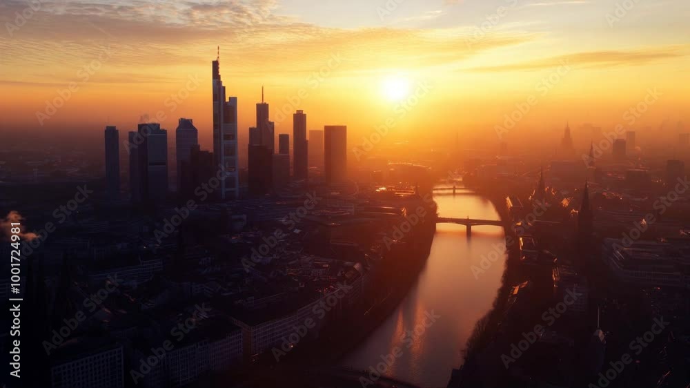 Aerial view of a river and city during golden hour Frankfurt Aerial view of a river and city during golden hour Frankfurt