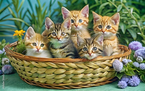 A group adorable kittens with various tabby patterns sit together in a woven basket surrounded by a garden of vibrant flowers. The lush greenery and purple blooms enhance the playful and heartw