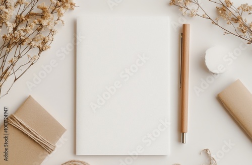 Obraz na płótnie Blank notebook and writing tools arranged with dried flowers on a neutral backdrop w salonie