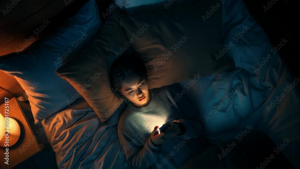Boy using smartphone in bed late at night Boy using smartphone in bed late at night