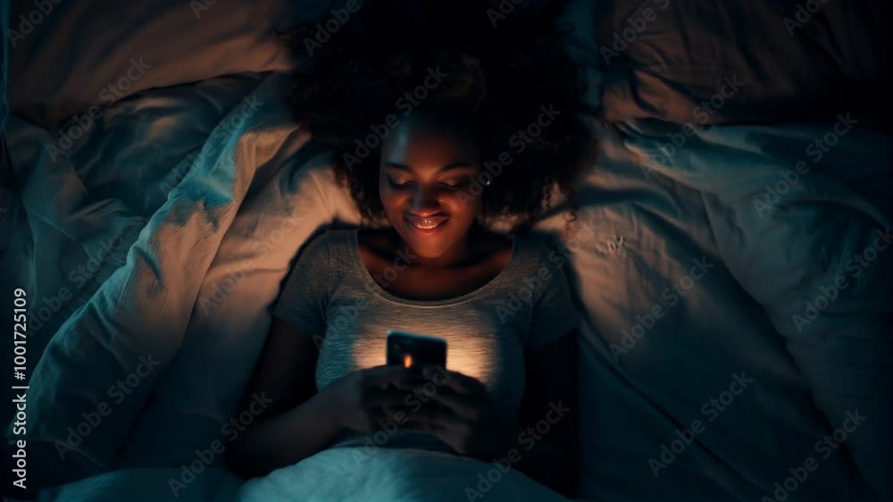 Girl using smartphone in bed with glowing screen Girl using smartphone in bed with glowing screen