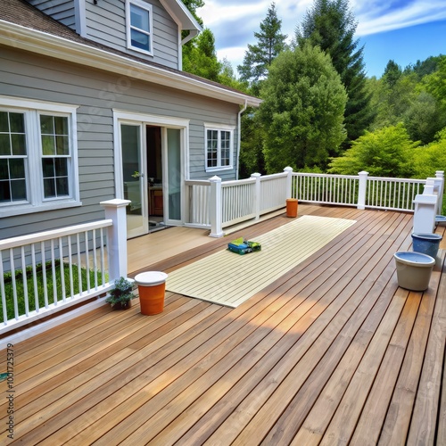 Exterior deck painting at a serene home on a sunny day surrounded by greenery. Generative AI photo