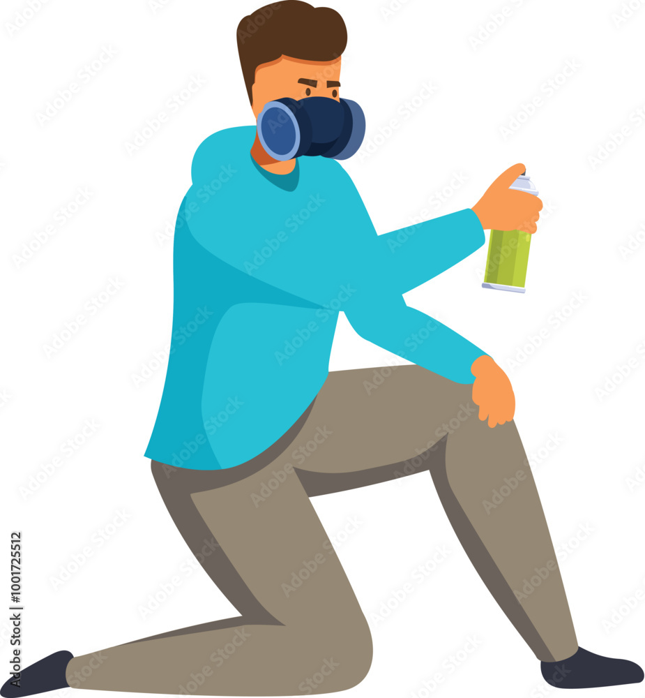Street artist is kneeling and holding a spray can, wearing a gas mask to protect himself from the fumes
