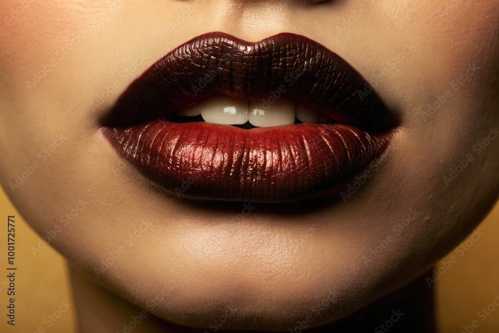 Close-up of beautiful lips showcasing rich dark lipstick against a warm background. Generative AI Close-up of beautiful lips showcasing rich dark lipstick against a warm background. Generative AI